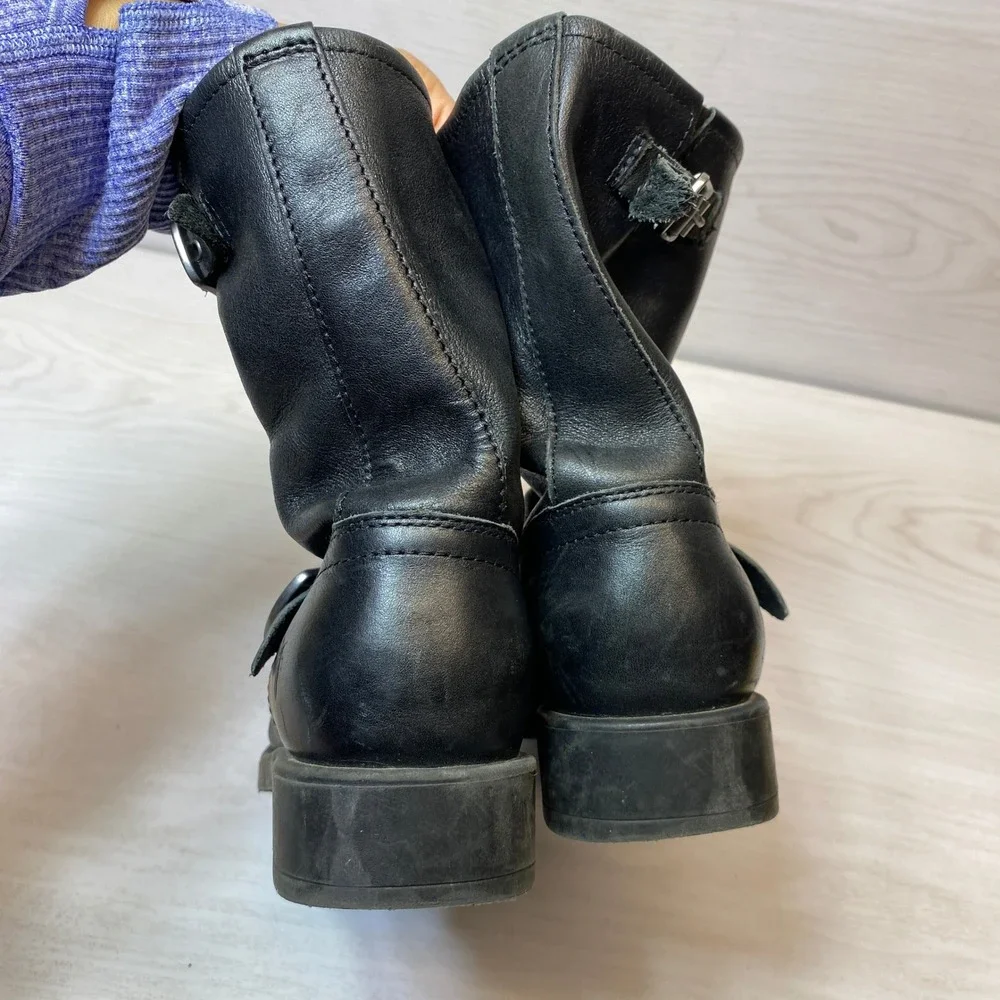 Frye Boys Size 3.5 Engineer Boots Moto Buckle Black Leather Mid Calf 3487501-BLK